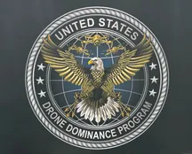 United States Drone Dominance Program seal with a bald eagle, a globe and three quadcopters
