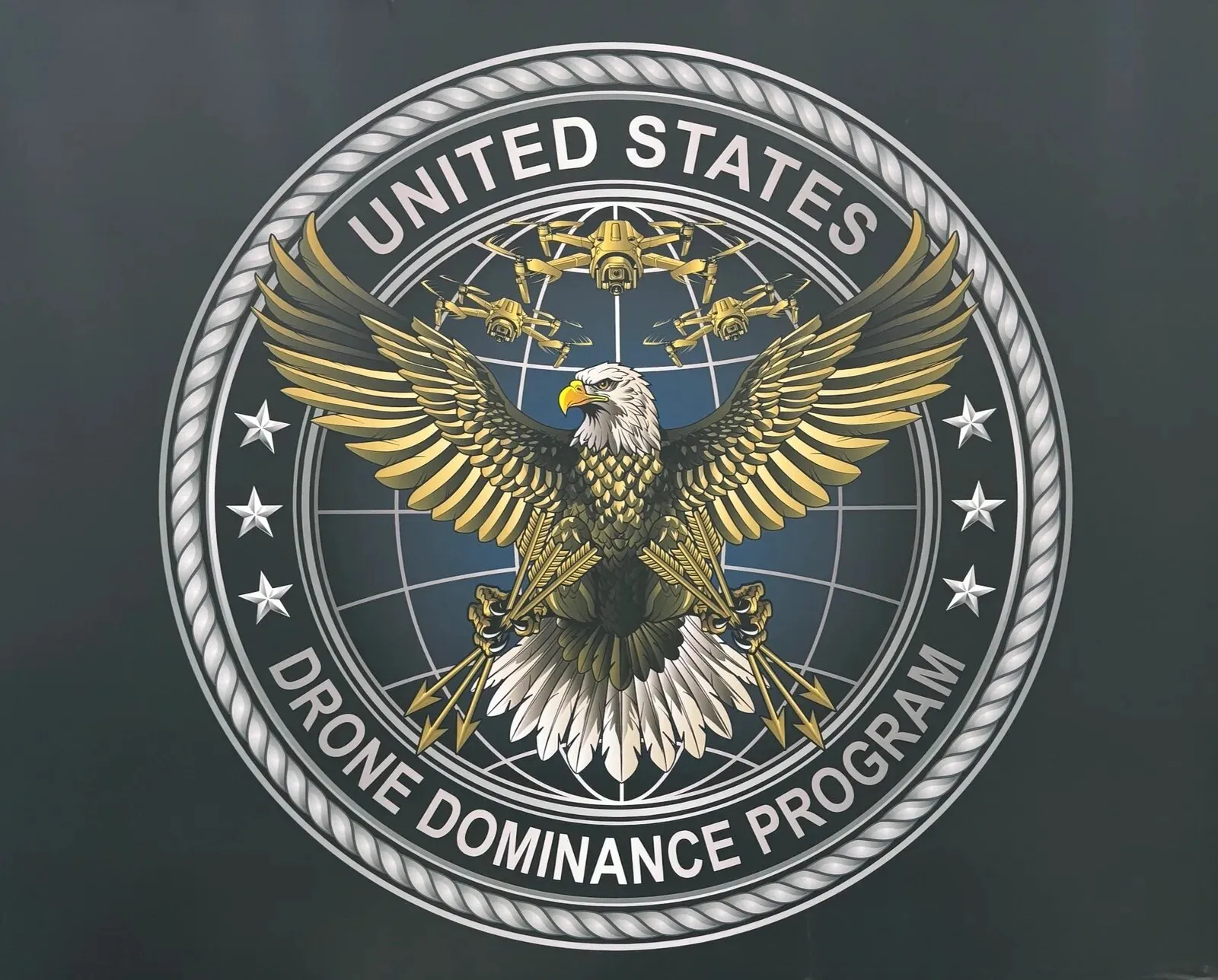 United States Drone Dominance Program seal with a bald eagle, a globe and three quadcopters