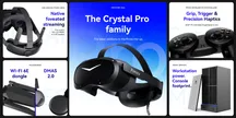 Promotional montage of the Pimax Crystal Pro with the headset, its Ringless controllers, the 60 GHz AirLink kit, the Wi-Fi 6E dongle and the Spation mini-PC