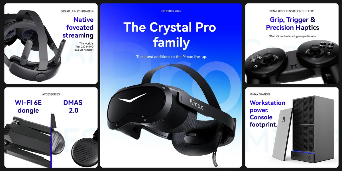 Promotional montage of the Pimax Crystal Pro with the headset, its Ringless controllers, the 60 GHz AirLink kit, the Wi-Fi 6E dongle and the Spation mini-PC