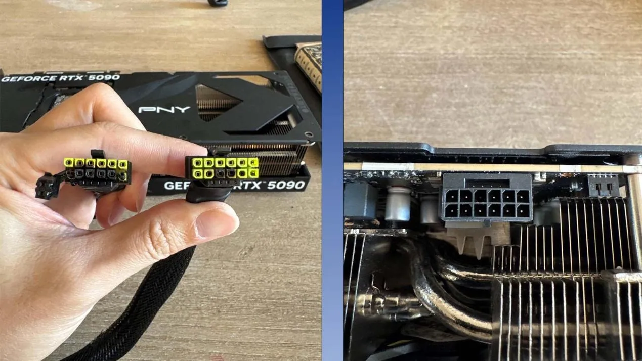 Conector de alimentación de 16 pines de una RTX 5090 con el plástico fundido