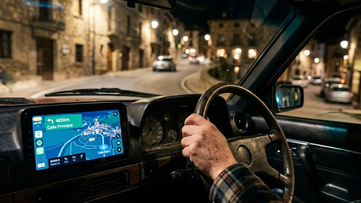 Pantalla en el salpicadero de un coche que muestra Google Maps a través de Android Auto durante una conducción nocturna