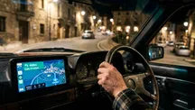 Pantalla en el salpicadero de un coche que muestra Google Maps a través de Android Auto durante una conducción nocturna
