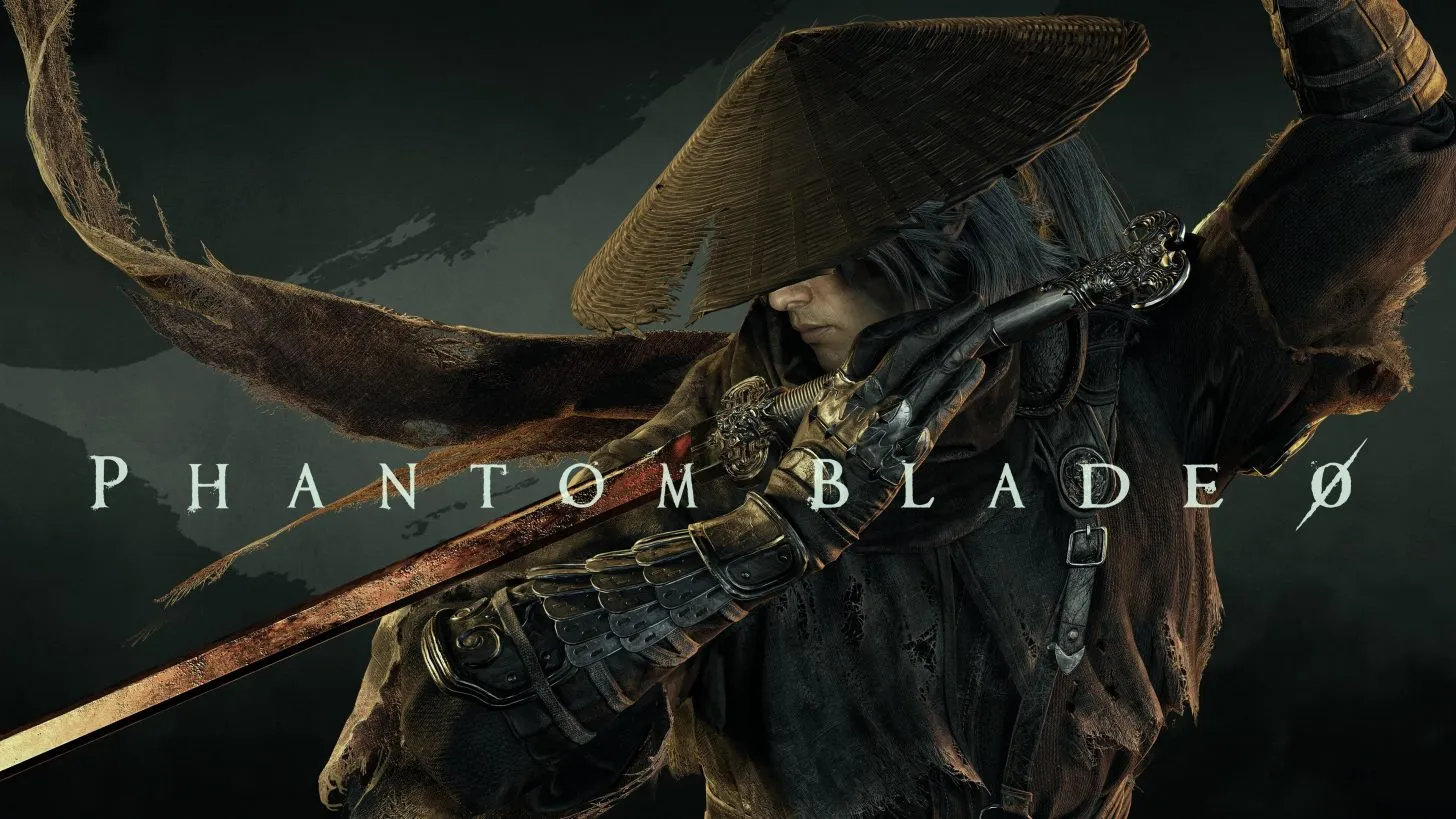 Arte promocional de Phantom Blade Zero con el protagonista, tocado con un sombrero de paja, empuñando una espada