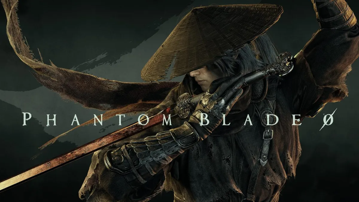 Arte promocional de Phantom Blade Zero con el protagonista, tocado con un sombrero de paja, empuñando una espada