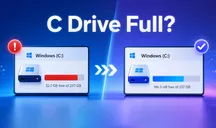 Aviso de unidad C llena en Windows con opciones para liberar espacio en disco