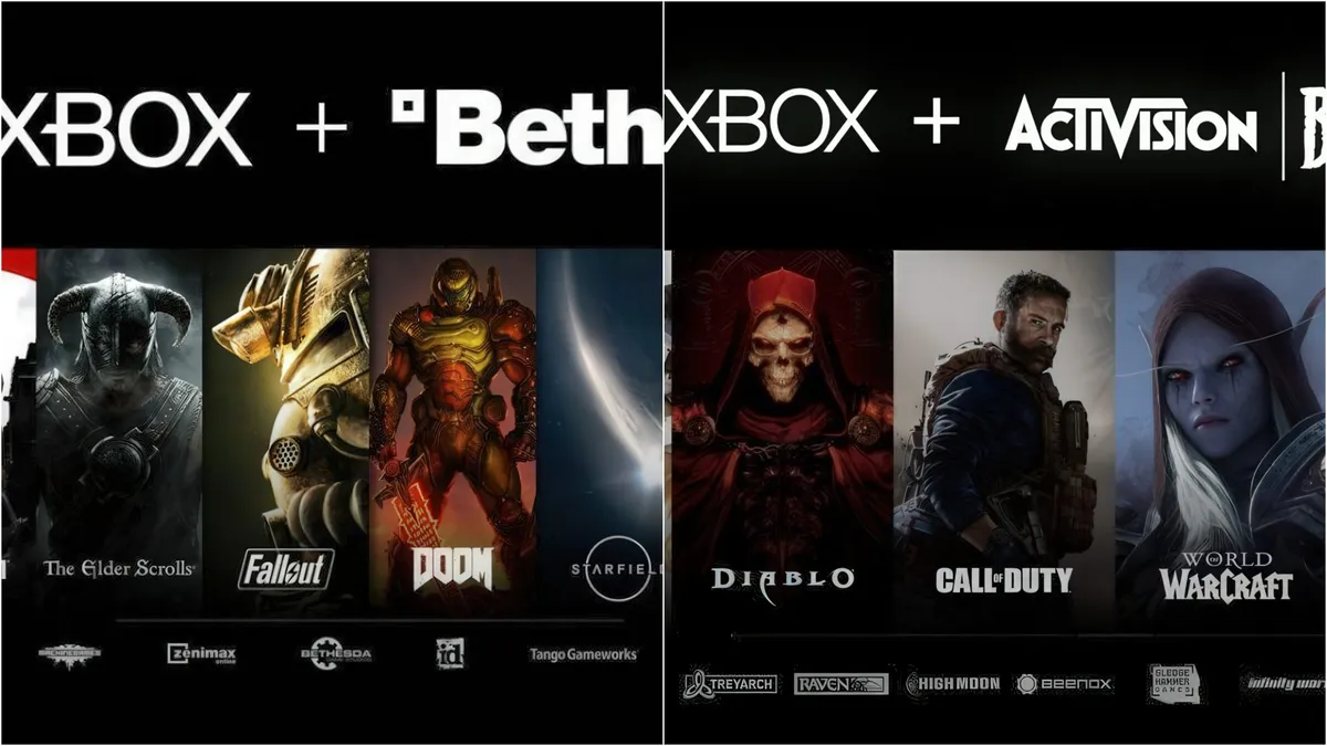 Imagen promocional con los logotipos de Xbox, Bethesda y Activision junto a títulos como The Elder Scrolls, Fallout, Diablo y Call of Duty