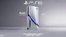 Render conceptual de la consola PS6 con el logotipo de PlayStation, el lema Play Everywhere y la fecha 2027
