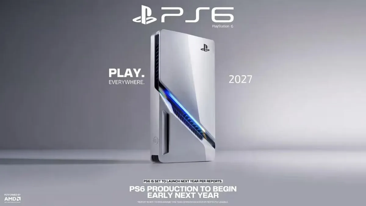 Render conceptual de la consola PS6 con el logotipo de PlayStation, el lema Play Everywhere y la fecha 2027