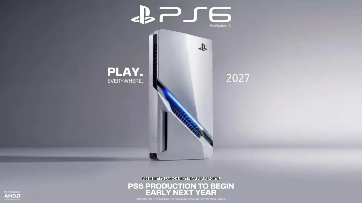 Render conceptual de la consola PS6 con el logotipo de PlayStation, el lema Play Everywhere y la fecha 2027