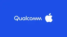 Logotipos de Qualcomm y Apple sobre un fondo azul
