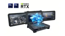 Portátil rugerizado Durabook Z14I-DX3 desplegado con sus tres pantallas de 14 pulgadas