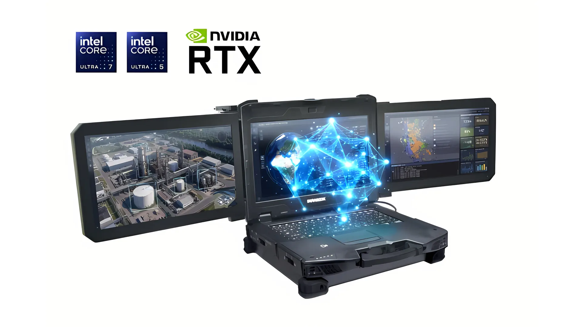 Portátil rugerizado Durabook Z14I-DX3 desplegado con sus tres pantallas de 14 pulgadas