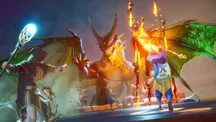 Paisaje del mundo abierto de RuneScape: Dragonwilds con montañas y dragones al fondo
