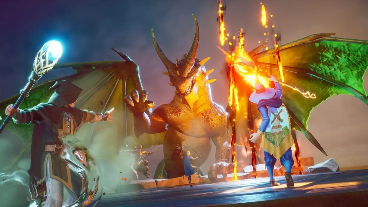 Paisaje del mundo abierto de RuneScape: Dragonwilds con montañas y dragones al fondo
