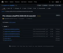 Captura de la página del release pre-release de shadPS4 del 23 de septiembre de 2026 con los cuatro binarios descargables