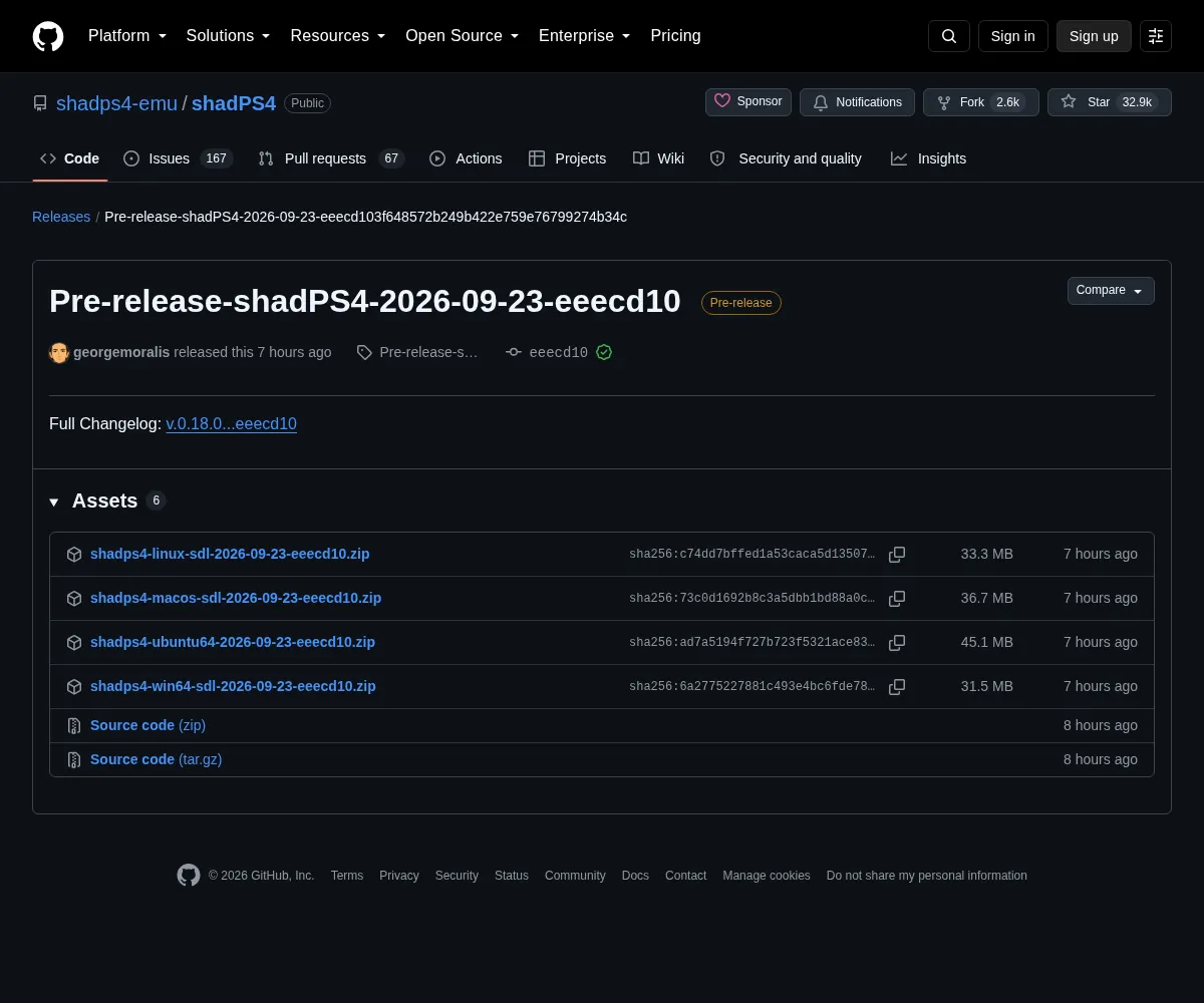Captura de la página del release pre-release de shadPS4 del 23 de septiembre de 2026 con los cuatro binarios descargables
