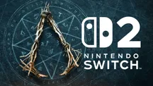 Símbolo rúnico de Assassin's Creed Hexe junto al logotipo de Nintendo Switch 2 sobre una superficie azul