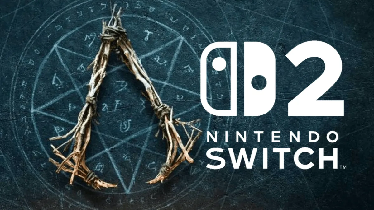 Símbolo rúnico de Assassin's Creed Hexe junto al logotipo de Nintendo Switch 2 sobre una superficie azul