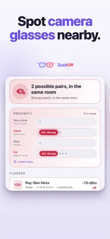 Promoción de ZuckOff con el lema Spot camera glasses nearby y su interfaz indicando dos pares de gafas fuertemente detectadas en la misma sala