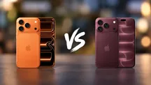 Representación conceptual de los paneles frontal y trasero de un iPhone 17 Pro en naranja y de un iPhone 18 Pro en granate