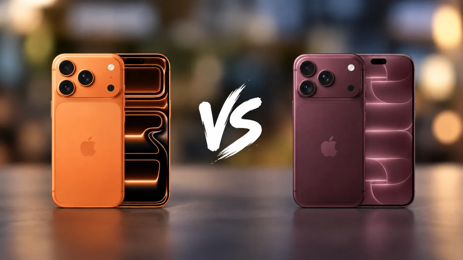 Representación conceptual de los paneles frontal y trasero de un iPhone 17 Pro en naranja y de un iPhone 18 Pro en granate