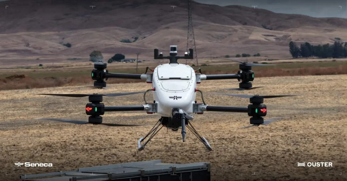 White Seneca drone hovering over a dry field, with the Seneca and Ouster logos and power lines in the background