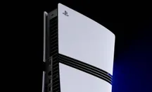 PlayStation 5 console standing vertically against a dark blue background