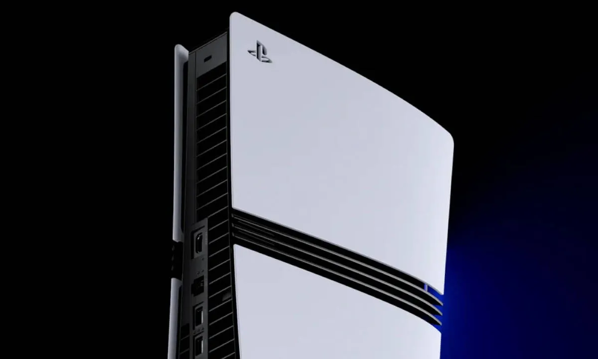Consola PlayStation 5 en vertical sobre un fondo azul oscuro