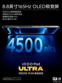 Cartel de iQOO con el reclamo de 4500 nits sobre la pantalla del Pad Ultra