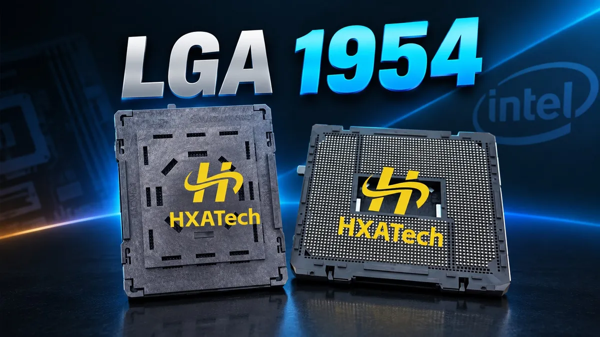 Dos zócalos LGA1954 de HXA Tech sobre un fondo con el logotipo de Intel