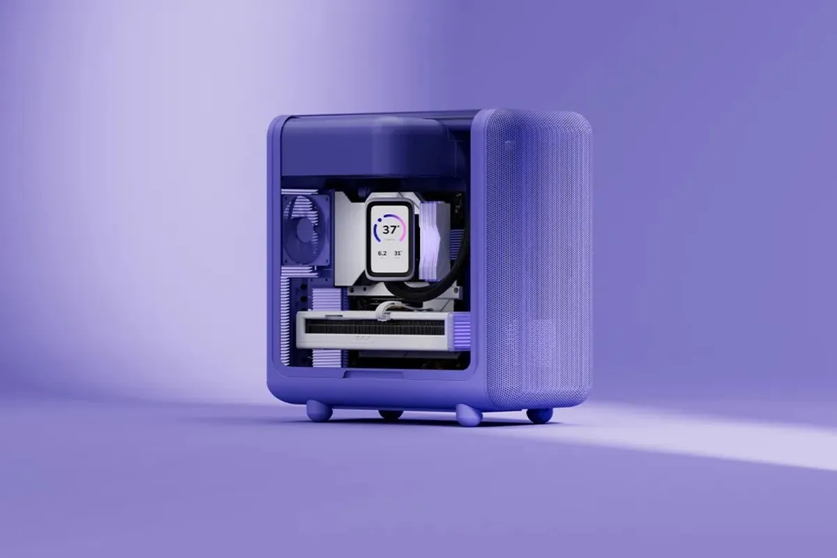 Vista de la caja Hyte X50 con su panel de cristal curvo