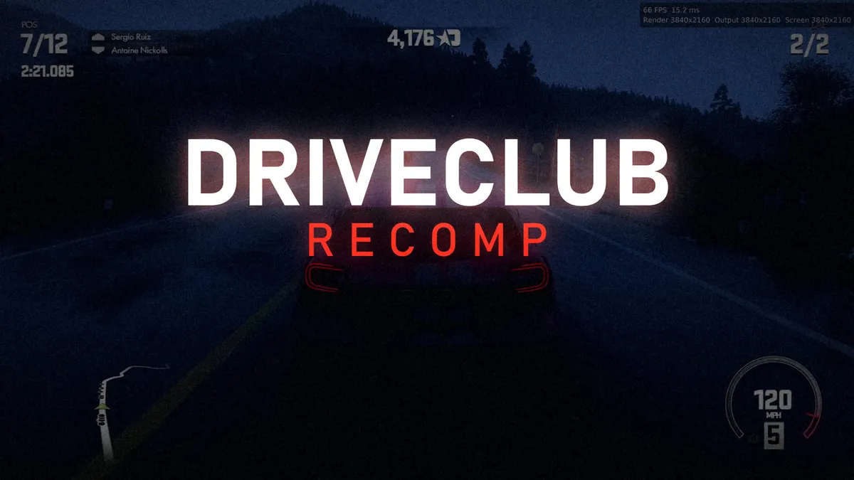 DriveClub Recomp screen showing a night race, with the counter marking 66 FPS and a render at 3840x2160 in the top right corner