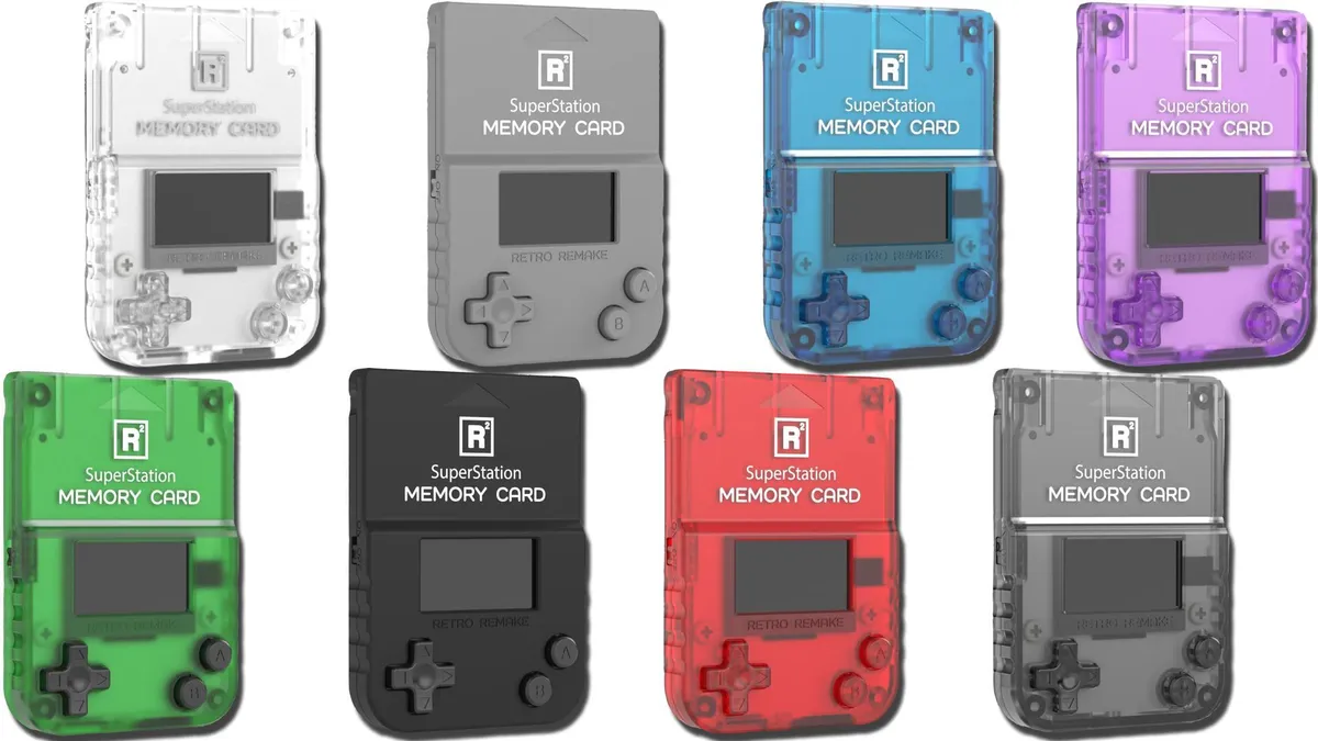 Ocho tarjetas de memoria SuperStation de Retro Remake alineadas, en acabados sólidos y translúcidos