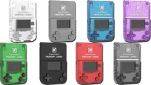 Eight Retro Remake SuperStation memory cards lined up, in solid and translucent finishes