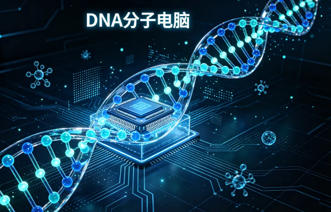 Ilustración conceptual de una doble hélice de ADN rodeando un chip sobre un circuito impreso azul