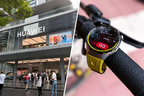 Reloj inteligente de Huawei en el manillar de una bicicleta y fachada de una tienda de la compañía