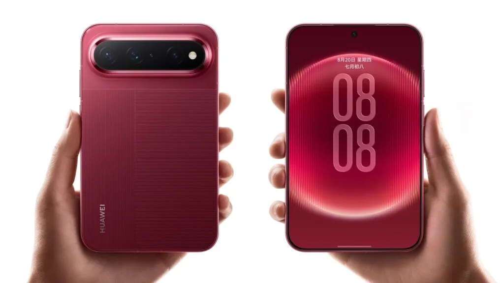 Vista frontal y trasera del Huawei Pura X View en color rojo sostenido con las manos