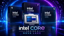 Boxes of Intel Core Ultra Series 4 processors labeled 9, 7 and 5 with Nova Lake branding, next to a close-up of an Intel chip