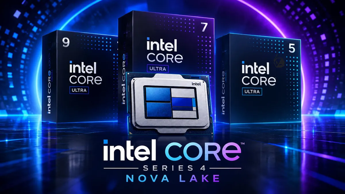Cajas de procesadores Intel Core Ultra Series 4 con las marcas 9, 7 y 5 y el rótulo Nova Lake, junto a un primer plano de un chip Intel