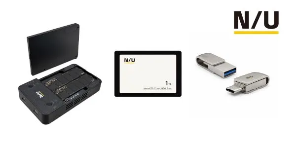 Los tres productos iniciales de la submarca N/U de Nextorage: una caja para unidades M.2, un SSD SATA de 2,5 pulgadas y un llavero USB