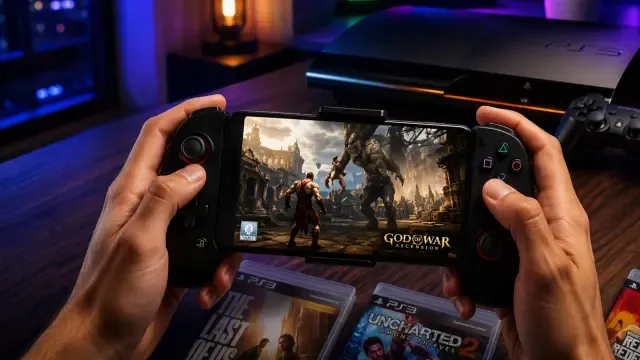 Ilustración de juegos de PlayStation 3 ejecutándose en la pantalla de un móvil Android