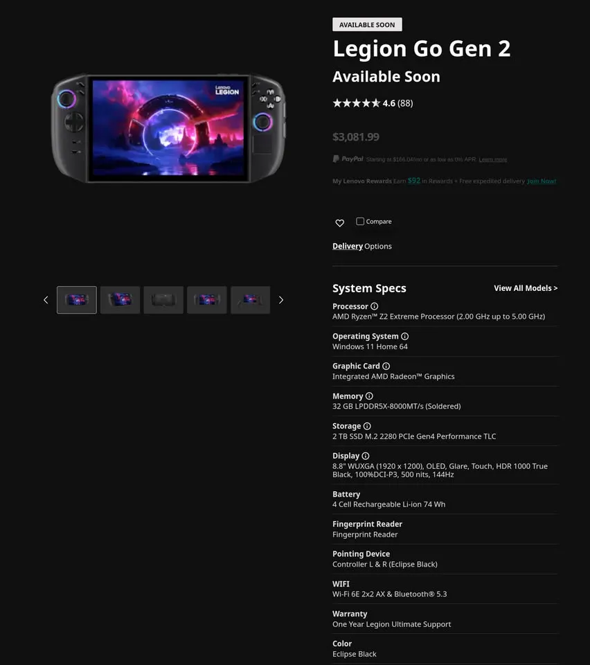 Ficha de la Legion Go Gen 2 en la tienda de Lenovo con el precio de 3.081,99 dólares y sus especificaciones