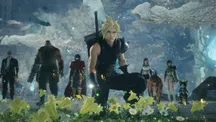 Escena de Final Fantasy VII Revelation con Cloud entre flores luminosas