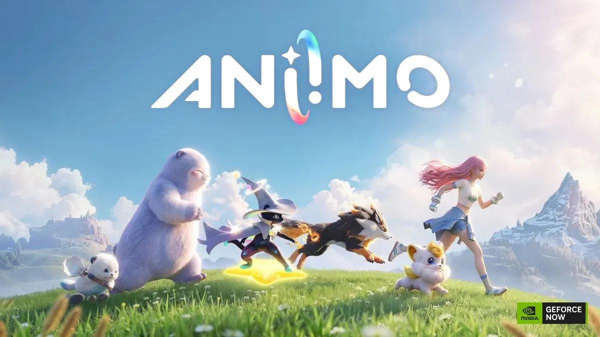 Imagen promocional de Aniimo con varias criaturas y una jugadora corriendo por la campiña de Idyll