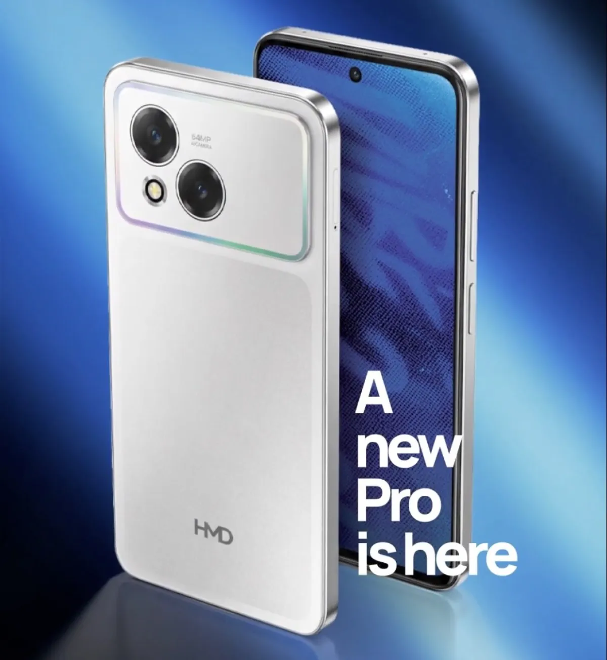 El HMD Vibe2 Pro en color blanco, mostrando su parte trasera y su pantalla frontal