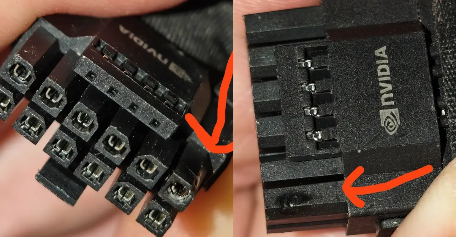 El adaptador original de la RTX 4090 con un contacto fundido, junto al conector de 16 pines de la tarjeta con marcas de quemadura