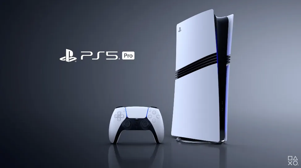 Consola PS5 Pro y mando DualSense sobre un fondo oscuro
