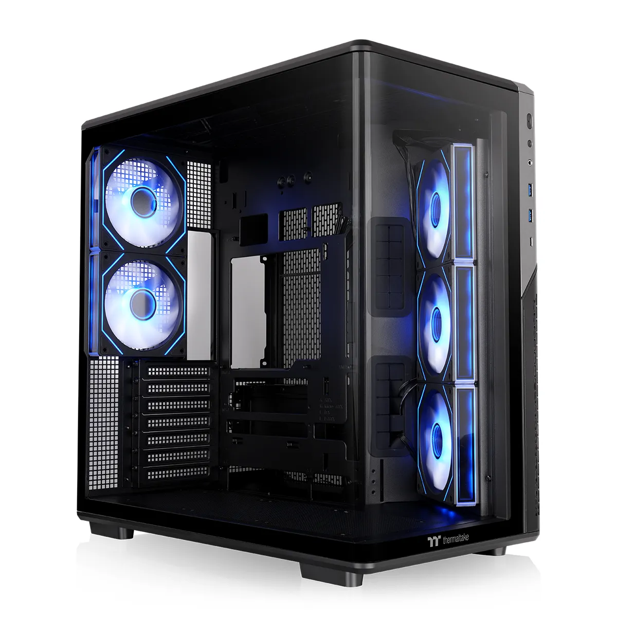 Black Thermaltake View 590 with a curved glass panel and five blue-lit fans