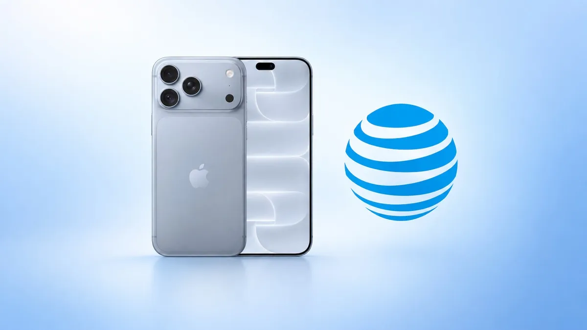 iPhone 18 Pro Max junto al logotipo de AT&T sobre un fondo azul claro